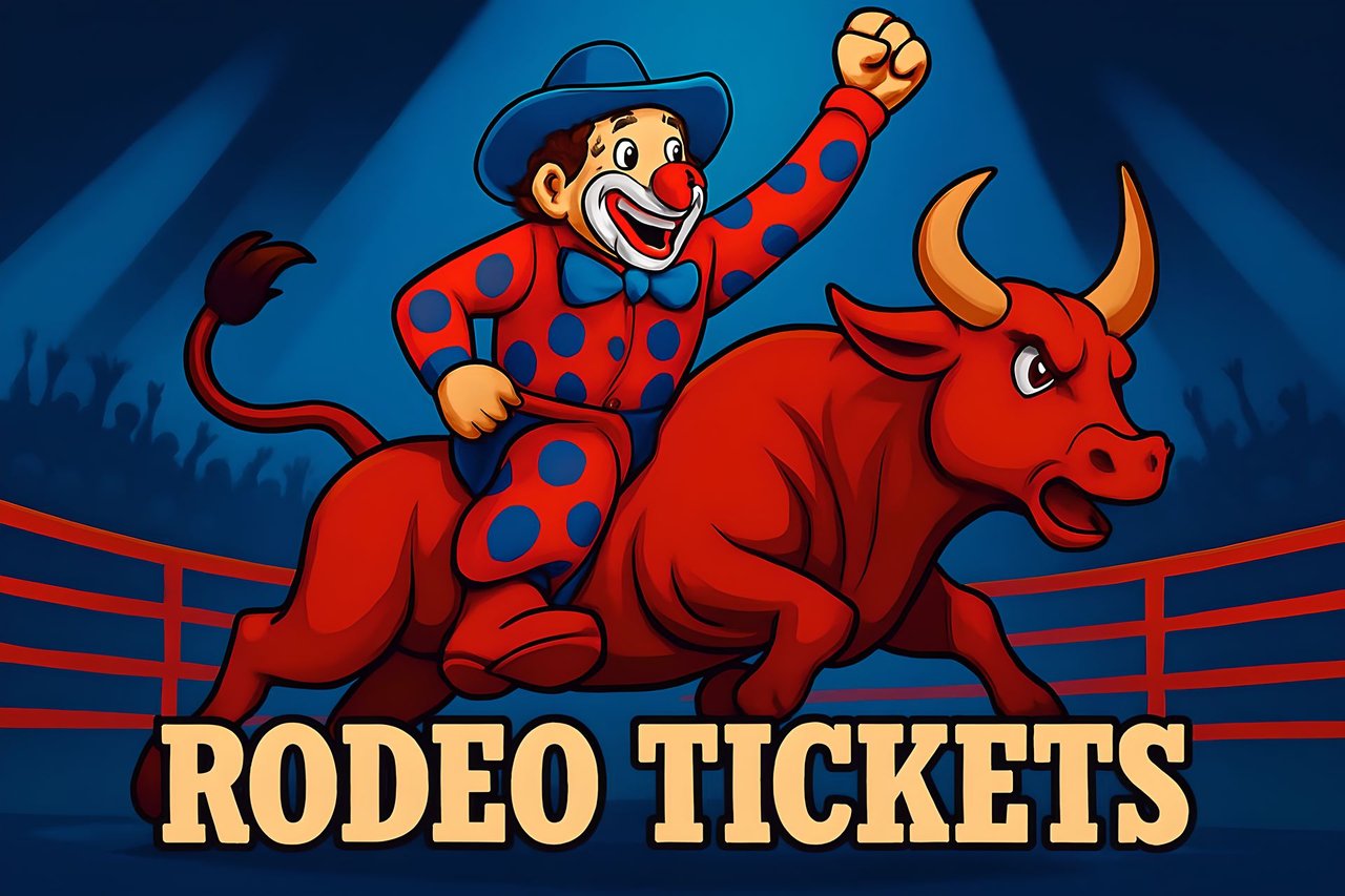 Cowboy riding a bucking bronco horse in a dusty rodeo arena