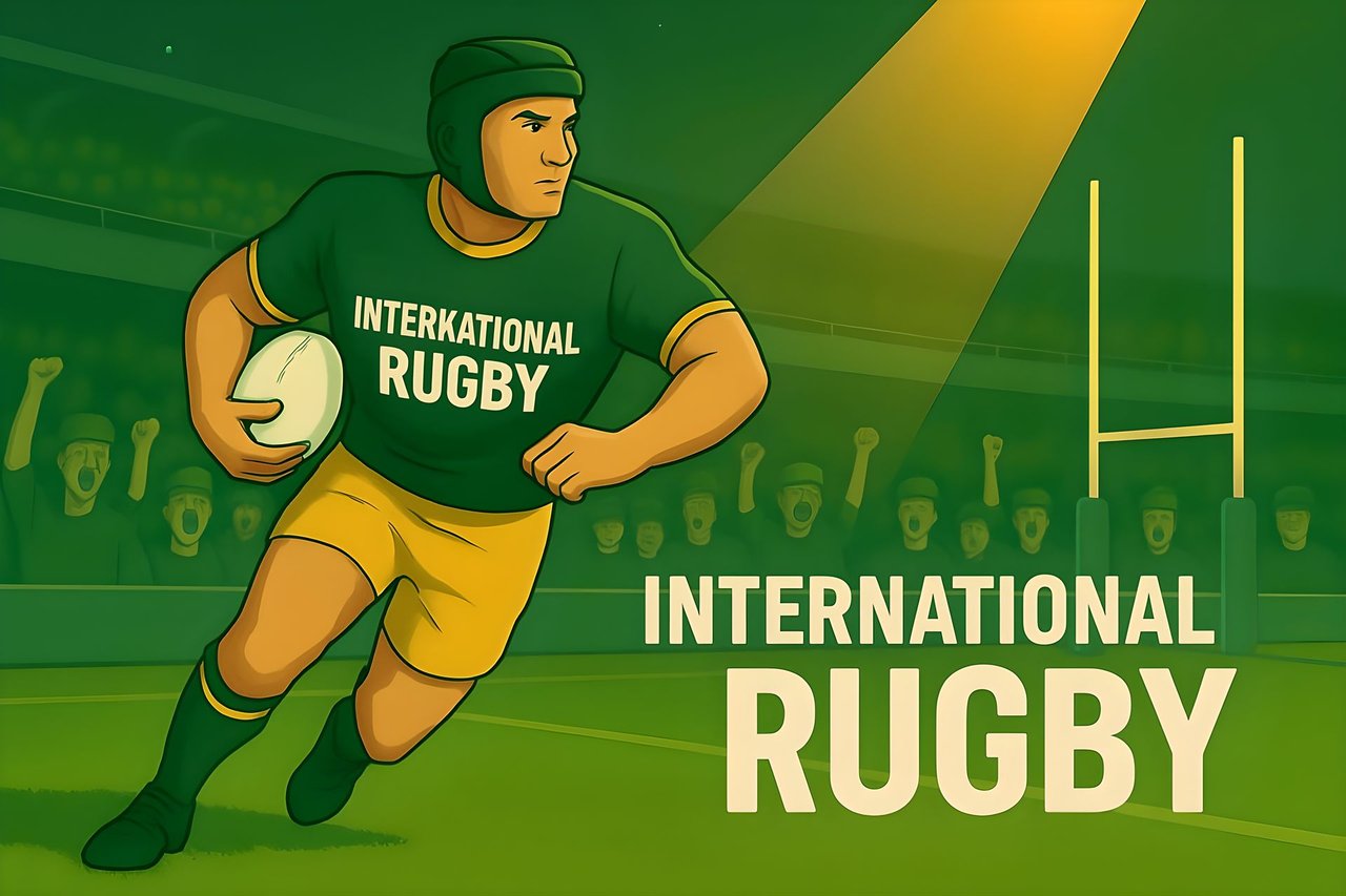 A rugby player is running while taking rugby ball in his hand and crowd is cheering for him
