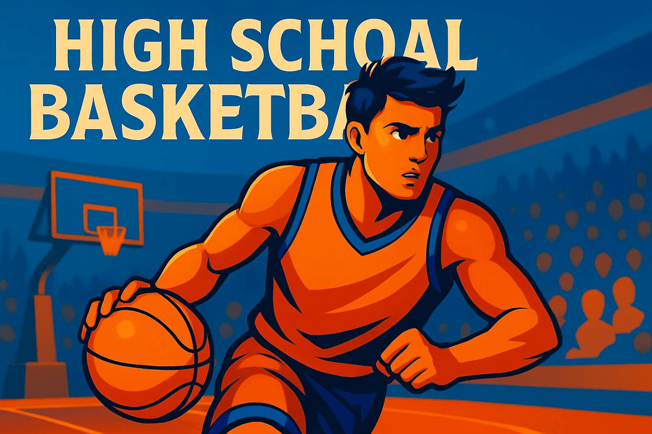A high school basketball player in a white jersey plays basketball at a live sports event